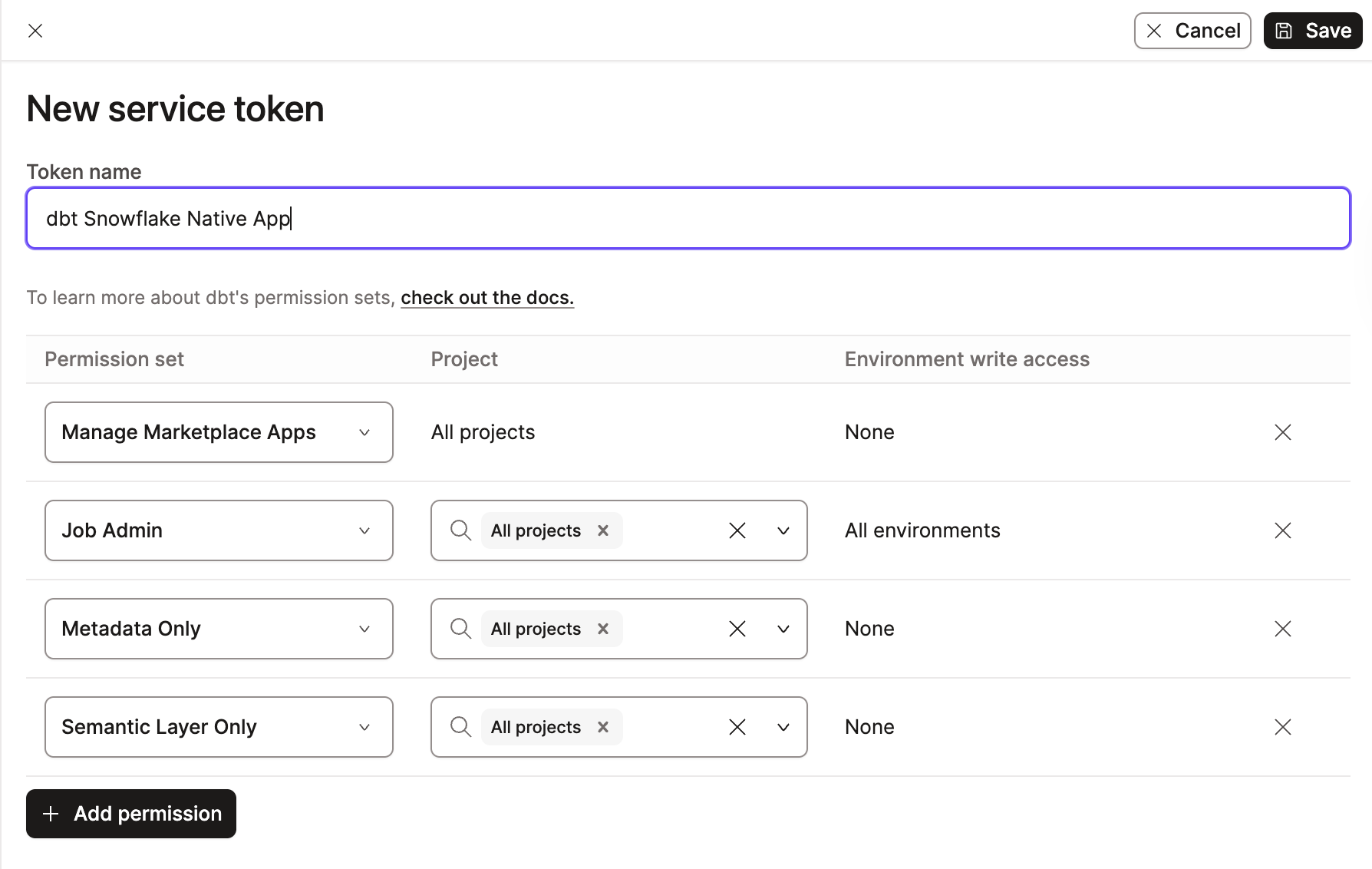 Example of a new service token for the dbt Snowflake Native App