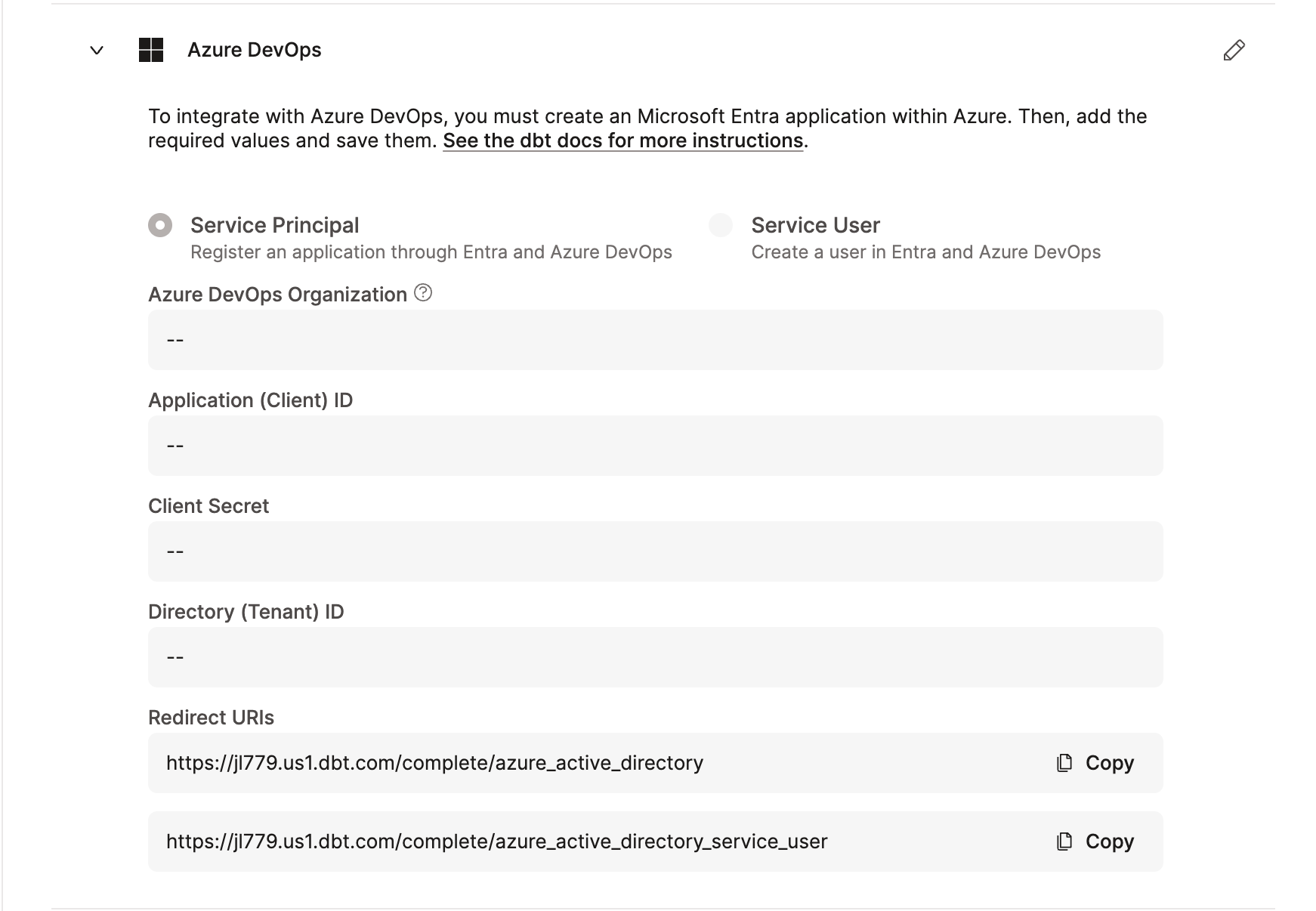 Fields for adding Entra ID app to dbt. Fields for adding Entra ID app to dbt.